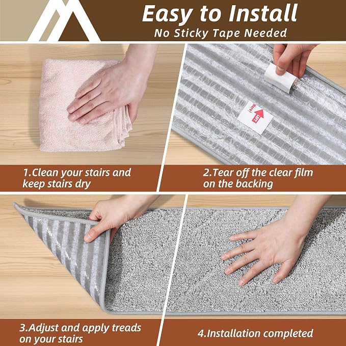 COSY HOMEER Stair Treads for Wooden Steps 11"x30" Washable Indoor Carpet Stair Treads Non Slip Soft Polyester Stair Carpet Tread Reusable Stair Runner Rugs for Kids, Elders,Pets,Grey,15pcs