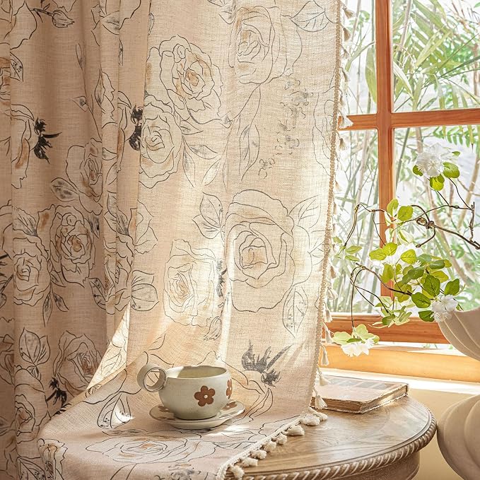 OYX Boho Floral Semi-Blackout Curtains for Bedroom, 2 Panels 52x96 Inches, Grey Rose Vintage Country Pattern with Tassels, Rod Pocket Design, Farmhouse Window Treatments