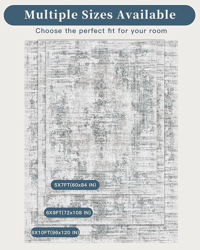 Madane 6x9 Area Rugs for Living Room, Machine Washable Vintage Rug with Non-Slip Backing, Soft Throw Large Rug, Thin Carpet for Bedroom Dining Room Farmhouse Under Table, Blue/Grey