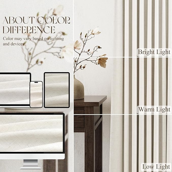 Natural Pinch Pleated Linen Blackout Curtains 84 Inch Length for Bedroom Living Room 2 Panels, Darkening Thermal Insulated Cream Beige Birch Neutral Pinch Pleat Back Tab Track System Drapes