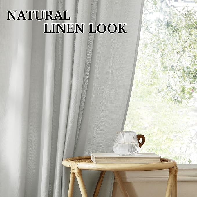 RYB HOME Grey Linen Sheer Curtains 84 inches Long, Linen Textured Semi Sheer Flowy Privacy Blind Shade for Dormitory Sliding Glass Door, W 52 x L 84 inches, 2 Panels Set