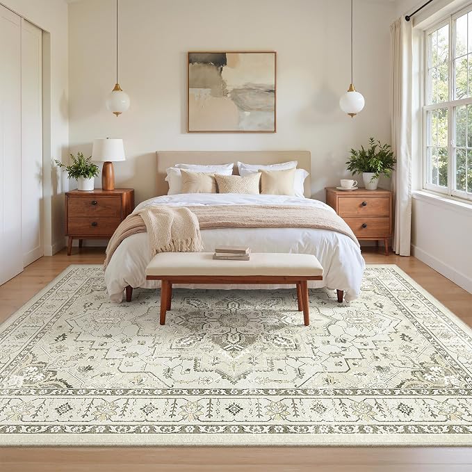 zesthome Washable Rug 6x9 Area Rugs,Stain Resistant Rugs for Living Room,Bedroom,Non-Slip Backing Home Decor Rug, Vintage Medallion Pattern Rugs (Beige,6'x9')