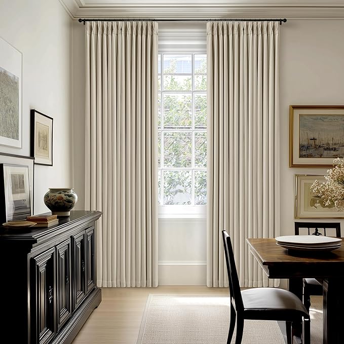 TWODRAPES 92 Inch Long Pinch Pleated Blackout Curtains for Bedroom Living Room, Oatmeal Beige Linen Blend 100% Blackout Sliding Door Curtains, Cozy Modern Privacy Protection Curtains 92 Inches