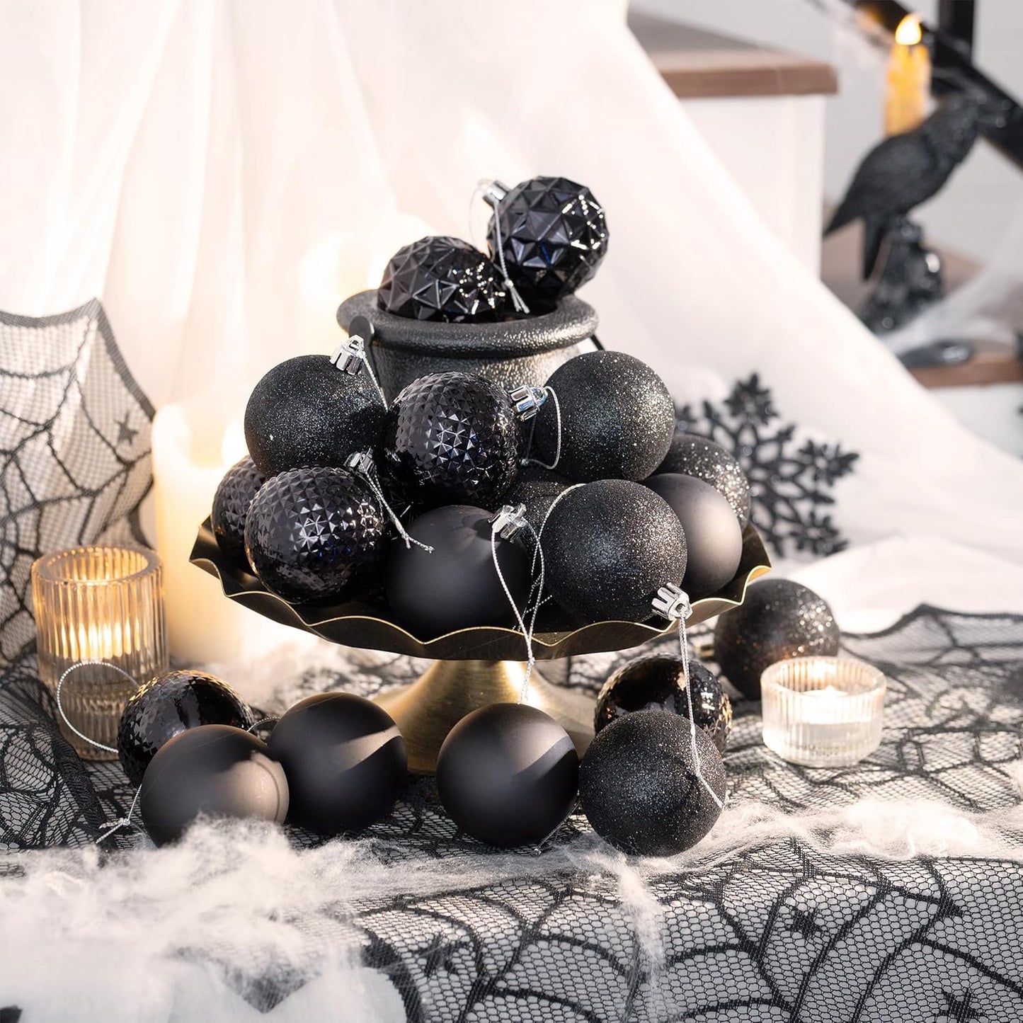 Valery Madelyn Christmas Tree Decorations Ornament Set for Fall Halloween, 50ct 2 Inches Black Shatterproof Christmas Ball Ornaments Hanging Xmas Holiday Party Decor