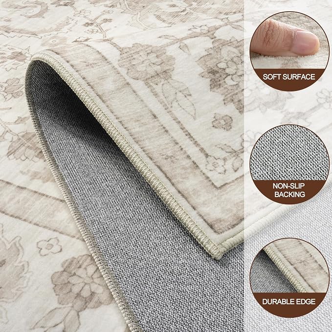 9x12 Area Rugs for Living Room:Beige Washable Vintage Medallion Carpet Non-Slip Soft Low Pile Large Rugs Indoor Retro Rug for Bedroom Nursery Dining Table Office Home(Beige White 9'x12')