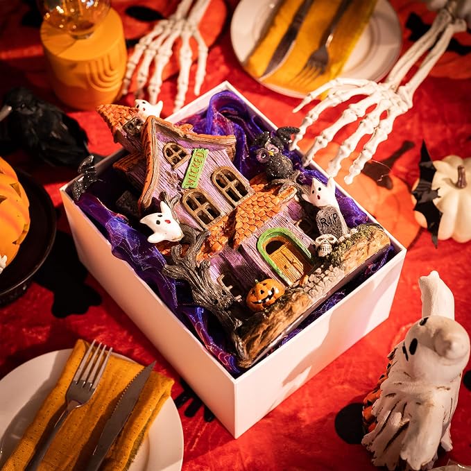 Valery Madelyn Halloween Decorations, Lighted Halloween Village Houses with LED Lights, Resin Spooky Town Happy Haunted House for Home and Party Table Desk Mantel, 12 Inch