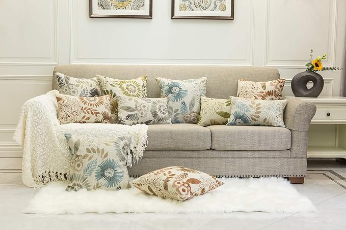 Mika Home Pack of 2 Decorative Throw Pillows Cases Cushion Cover for Sofa Couch Bed,Sunflower Pattern,20x20 Inches,Blue Cream