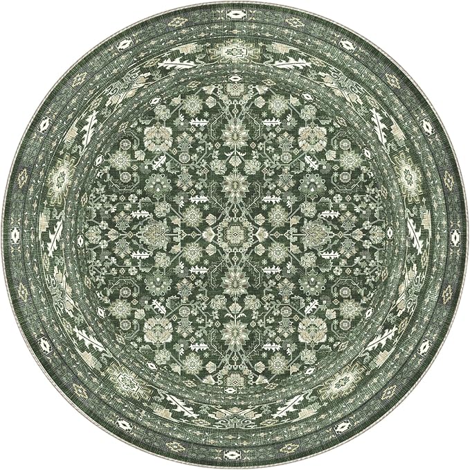OPPODREAM Low-Pile Area Rugs, Faux Wool Carpet for Living Room, Kitchen, Office, Dorm, Bedroom, Vintage Washable Rug Non Slip, Dark Green, 6'