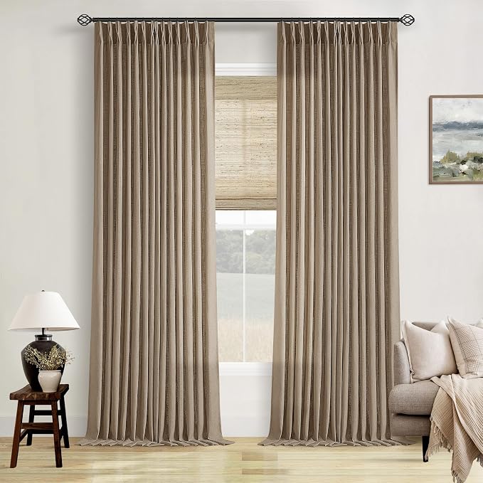 TWODRAPES Farmhouse Tan Brown Linen Curtains 102 Inches Long Living Room Pinch Pleated Drape with Hooks Rings for Track System Light Filtering 102 Inch Curtain for Bedroom Sliding Patio Door 2 Panels