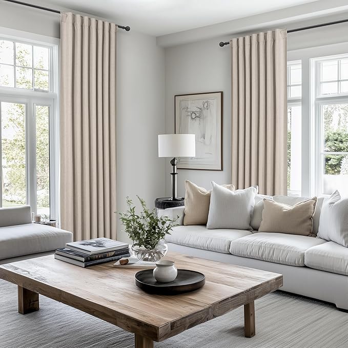 Grayish Flax Linen Blend Black Out Curtains 96 Inch Long for Living Room 2 Panels Set, Elegant Room Darkening Insulated Boho Window Drapes Bedroom Floor to Ceiling Traverse Track Curtain Light Tan