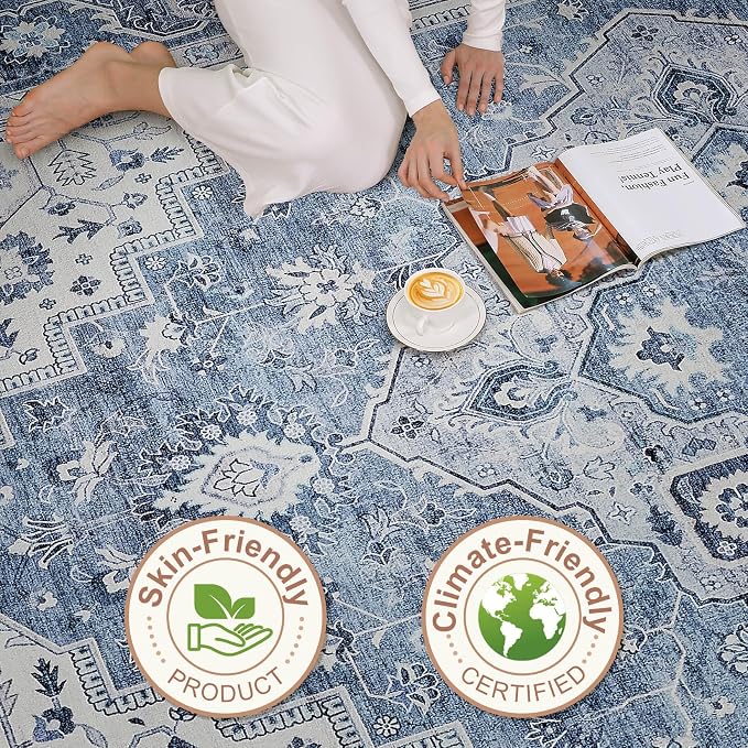 7x9 Area Rug Living Room: Washable Boho Large Neutral Vintage Soft Rug Stain Resistant Farmhouse Non-Slip Indoor Floor Retro Carpet for Bedroom Nursery Kids Office Dining Room- Blue Gray