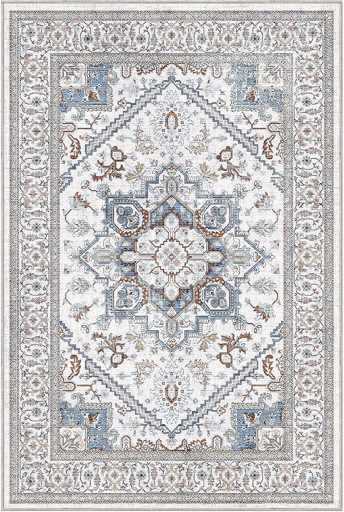 OPPODREAM Soft Throw Rugs 2x3, Small Neutral Washable Entryway Rugs 2 x 3 with Non Slip Backing, Low-Pile Faux Cashmere 2 x 3 Carpet, Cream White & Blue & Light Brown