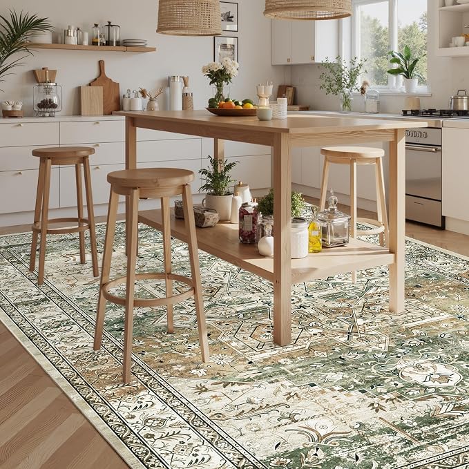 Soalmost Washable Area Rug 8x10, Large Soft Rugs for Living Room Farmhouse Vintage Area Rugs for Bedroom Dining Room Non-Slip Stain Resistant Under Table Rug Olive Beige