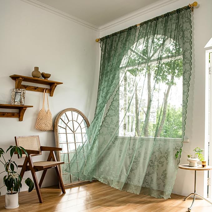 Sutuo Home Olive Green Lace Curtains 63 Inches Long 2 Panels, Sheer Floral Embroidery Ruffled Vintage Window Treatment Pair for Bedroom Kitchen Christmas Decor 1 Pair Set, Rod Pocket, W57 x L63