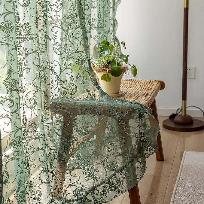 TUDECO Green Lace Curtains 72 Inch Length 2 Panels - Victorian Olive Sheer Spring Floral Curtains for Bedroom Nursery Boho Ruffle Privacy for Doorway Closet Rod Pocket,59 x 72 Inch, Olive Green