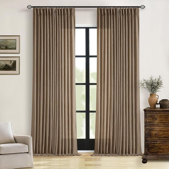 TWODRAPES Brown Linen Pinch Pleated Curtains 108 Inches Long 2 Panels for Living Room Bedroom Light Filtering Drapes 108 Inch Length Dutch Cocoa Semi Sheer Memory Shape Trained Ceiling Floor Curtain