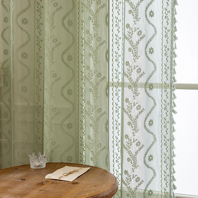 WAZZIO Boho Lace Curtains 2 Panels 96 Inch -Vintage Victorian Sheer Panel Drape French Country Floral Pattern & Tassel Light Filtering Privacy for Bedroom Dining Living Room,Light Sage Green,W52x L96