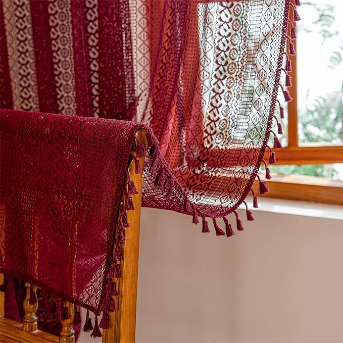 Sutuo Home Burgundy Boho Sheer Curtains 84 inches Long 2 Panels for Bedroom Living Room, Red Lace Curtains Crochet Bohemian Farmhouse Vintage Tassels Window Treatments Xmas Decor Rod Pocket, 50" W