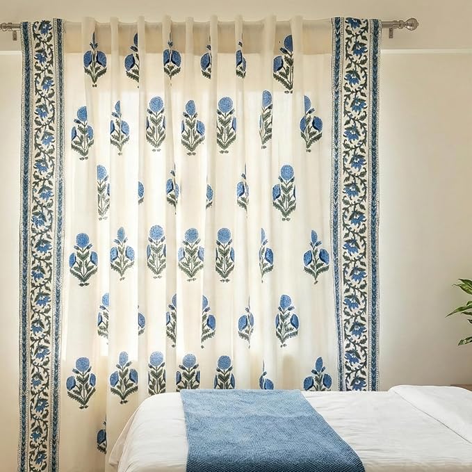 ATOSII 100% Cotton Single Panel Block Print Curtain, Easy Hanging with Rod Pocket & Loop, Living Room, Dining Room, Bedroom Light Filtering Boho Curtains, Set of 1, 60" W X 84" L, Flora Blue Poppy