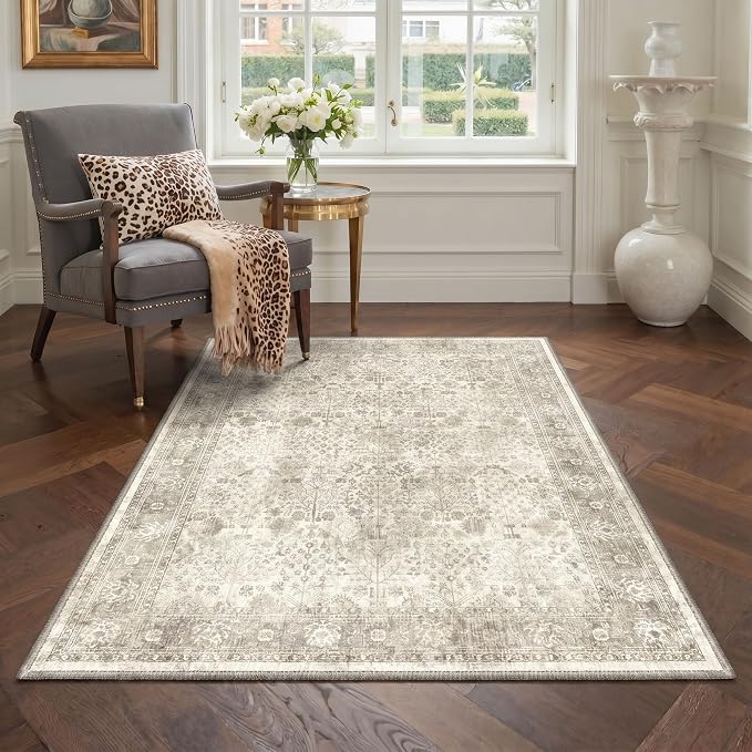 Bavni 2x7 Rug Runners for Hallways, Washable Runner Rug Non Slip,Vintage Floral Print Style Rugs for Bedroom-Lightweight Low Pile Carpet for Hallways Bathroom, Beige Floral