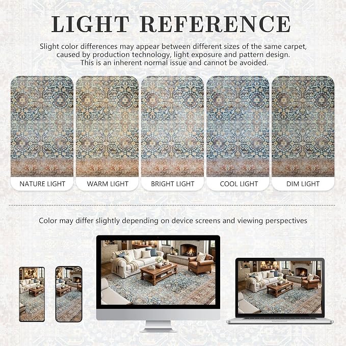 8x10 Area Rugs for Living Room - Washable Vintage Retro Large Rug, Soft Ultra Thin Non Slip Low Pile Distressed Boho Traditional Carpet for Bedroom Dining Room Home Office, Rust Clay