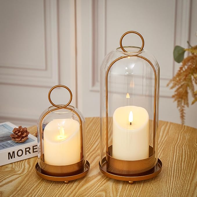 Hurricane Metal & Glass Candle Holder Set of 2 with Timer Candles, Decorative Candlestick Pillar Holder with Clear Glass for Wedding Party Holiday Dining Table Centerpiece Lanter, Gold