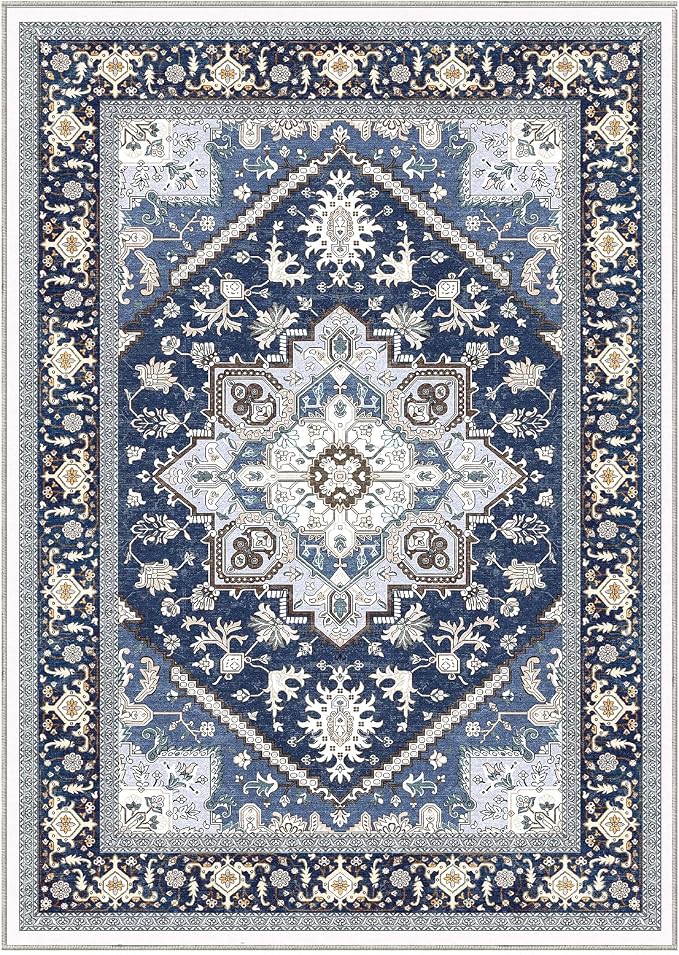 OPPODREAM Soft 10x14 Area Rugs, Washable Rugs 10x14 with Non Slip Backing, Low-Pile Faux Cashmere 10 x 14 Carpet, Navy Blue & Gold
