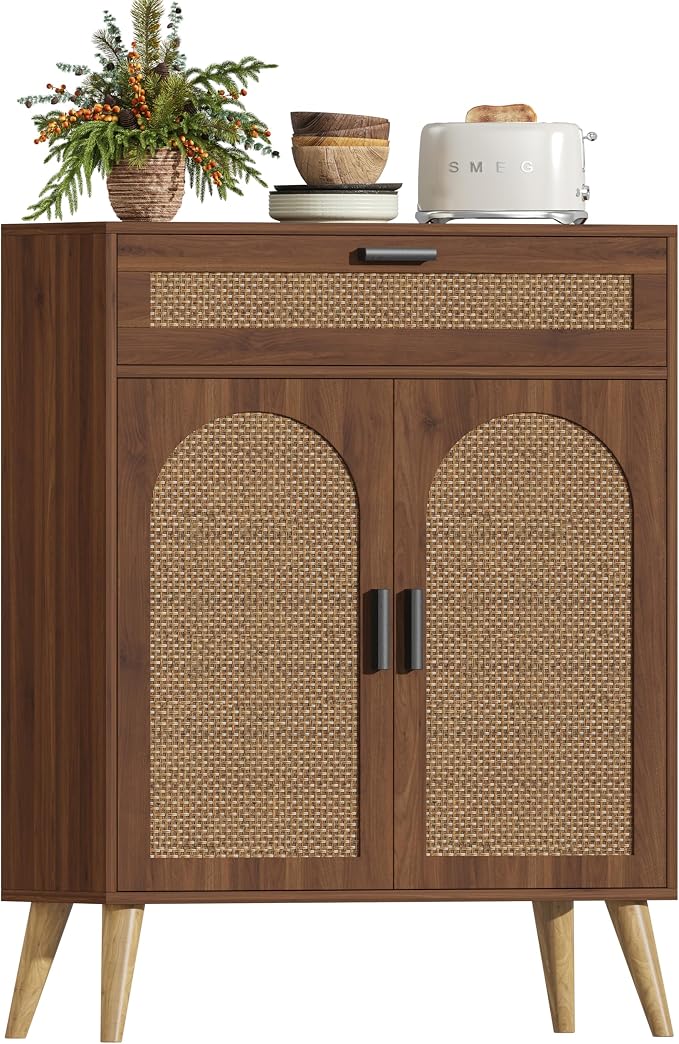 Keehusux Rattan Storage Cabinet with Drawer and 2 Doors, Accent Sideboard Buffet Cabinet with Adjustable Shelf, Solid Wood Feet, Coffee Bar for Kitchen, Living Room, Entryway, Walnut
