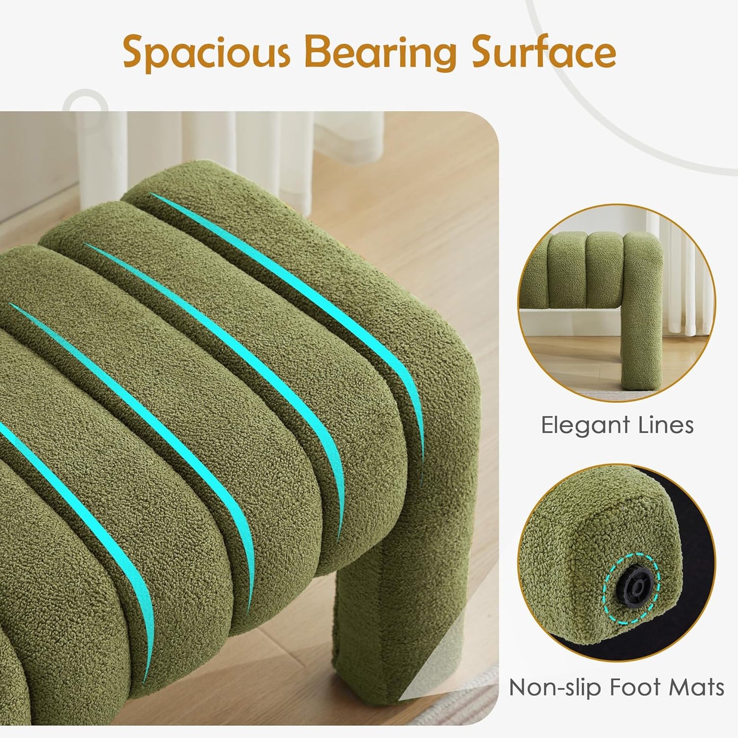 43.3" Bedroom Bench, Upholstered Entryway Bench, Modern End of Bed Ottoman with Solid Wood Legs and Adjustable Foot Pegs for Entryway, Dining Room and Living Room (Green Boucle)