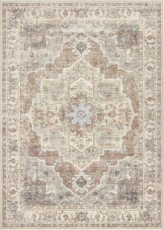 9x12 Washable Area Rug: Vintage Neutral Soft Non Slip Thin Large Floor Carpet for Living Room Bedroom Kitchen Dining Room Home Office Farmhouse Indoor - Beige Brown