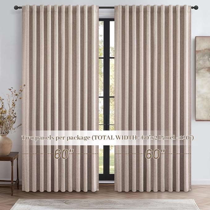 Blackout Curtains 60 Inches Extra Wide Curtains 84 Inch Length for Living Room, Pleated Farmhouse Bedroom Thermal Drapes for Winter Thick Large Window Energy Efficient(60"W x 84"L 2 Panels Linen)