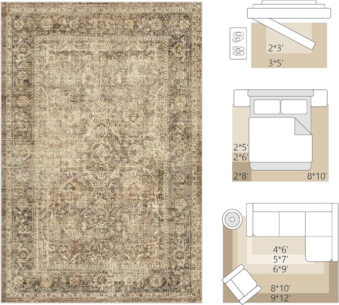 Fmfunctex 2x5 Washable Runner Rug Brown Vintage Neutral Distressed Non Slip Low Pile Indoor Carpet Soft Retro Floral Hallway Entryway Rug for Kitchen Living Room Bedroom Bathroom Laundry Entry Bedside