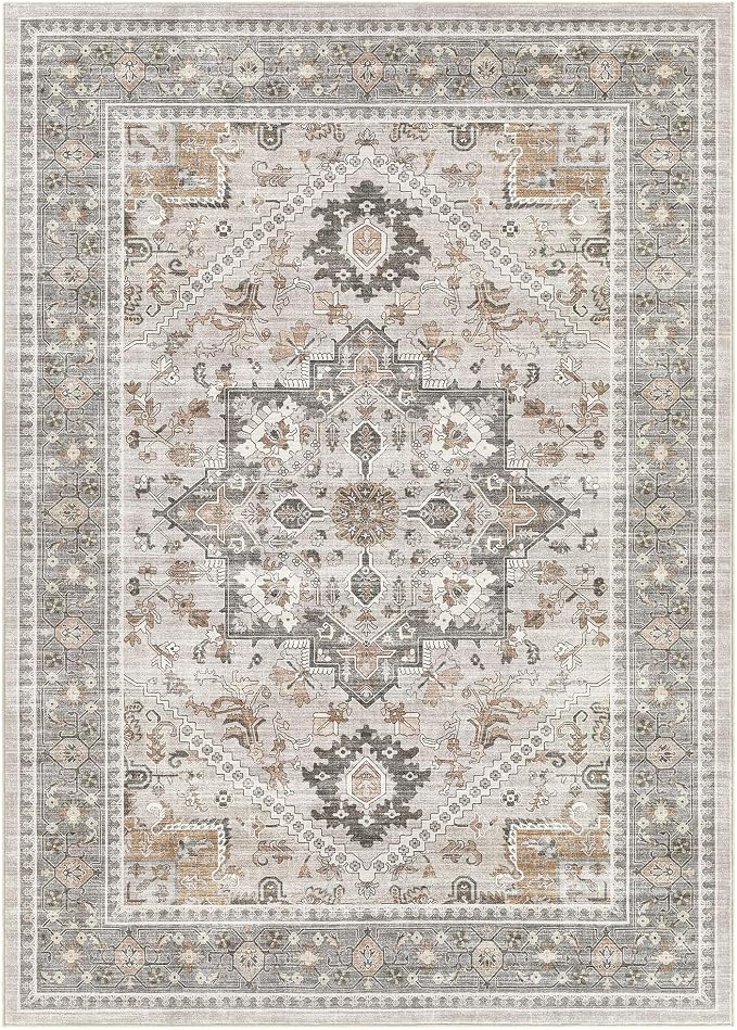 7x9 Vintage Area Rug: Washable Neutral Soft Non Slip Thin Large Floor Carpet for Living Room Bedroom Kitchen Dining Room Home Office Farmhouse Indoor - Taupe