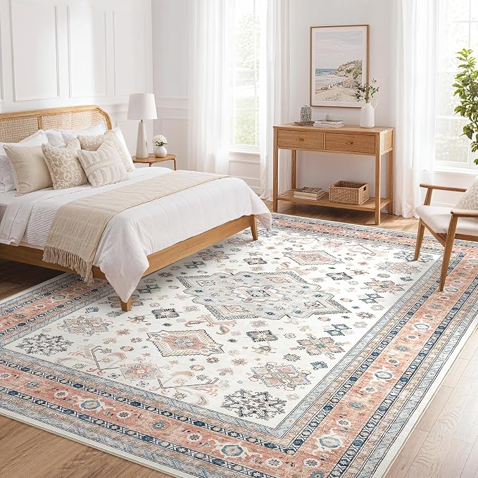 Vintage Living Room Area Rug 5x7 - Large Soft Washable Oriental Traditional Distressed Farmhouse Rugs for Bedroom - Indoor Floor Accent Carpet for Home Office House Decor - Powder Blue
