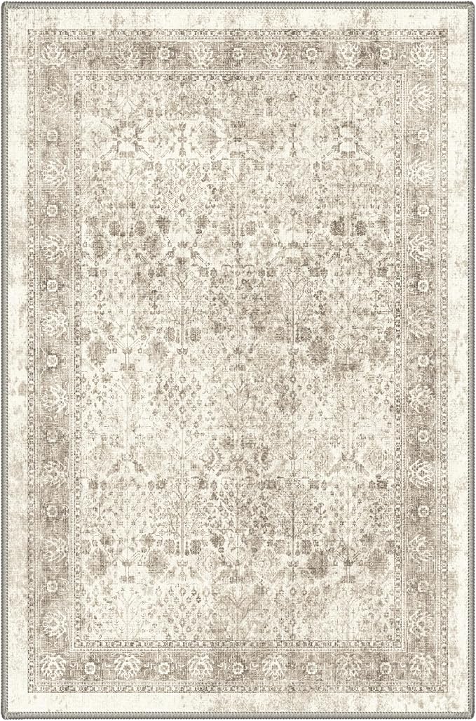 Bavni 2x3 Doormat, Machine Washable Runner Rug Non Slip, Vintage Floral Print Style Rugs for Entrance-Lightweight Low Pile Carpet for Hallways Kitchen and Corridor, Beige