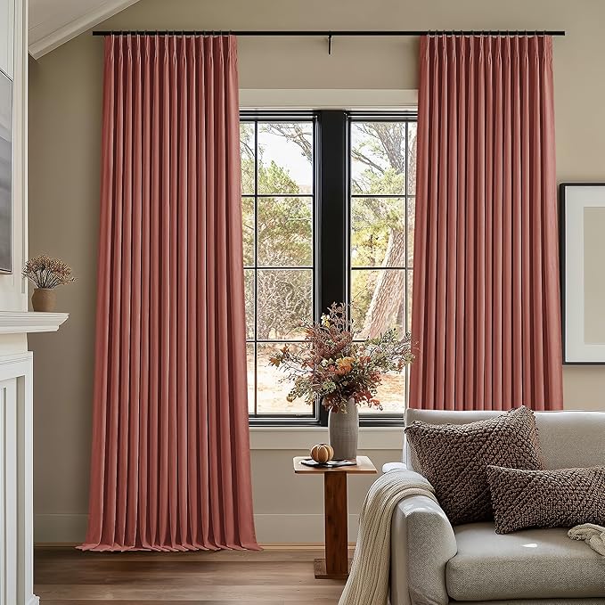 Terracotta Pinch Pleated Full Blackout Curtains Linen Blend Room Darkening Window Curtains 80 Inch for Living Room Bedroom Thermal Insulated Back Tab Pinch Pleat Drapes with Hooks Rings 2 Panels