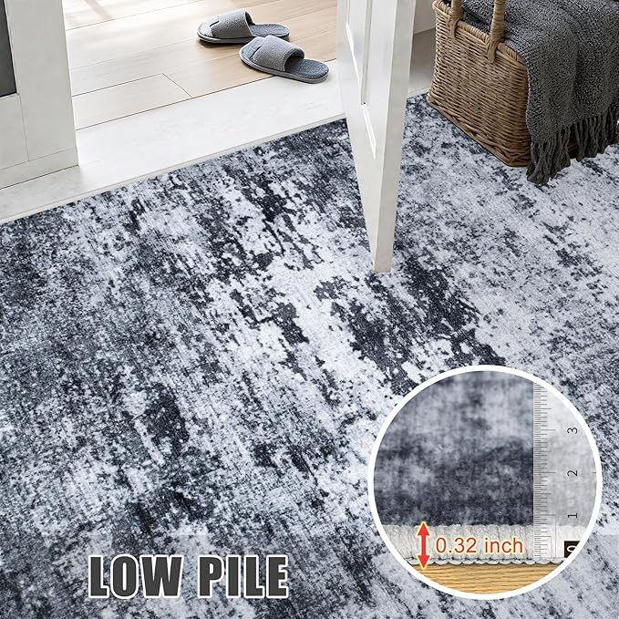 2'x5'Runner Rug Washable Rug: Modern Abstract Soft Thin Runner Rug Black