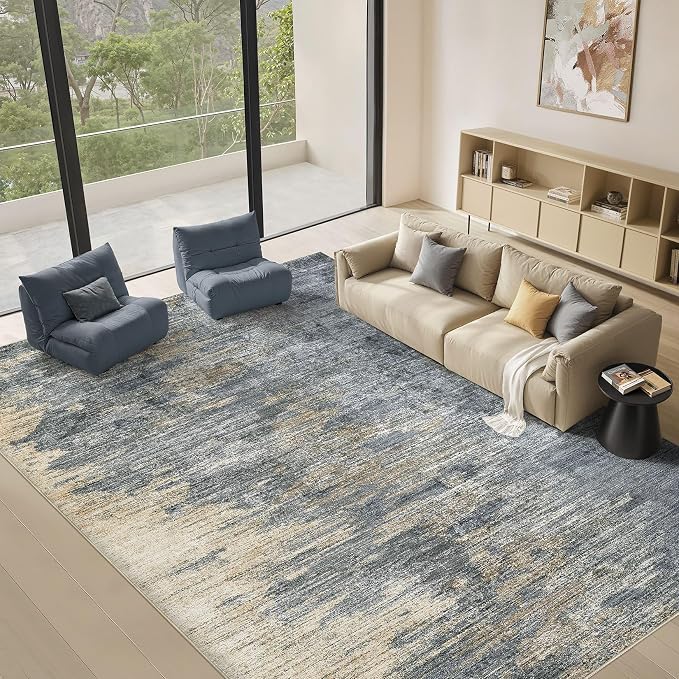Area Rugs 6x9 Living Room: Washable Large Abstract Modern Neutral Soft Rug Stain Resistant Non-Slip Backing Carpet for Bedroom Dining Room Indoor Nursery Dorm Home Office Decor - Blue Gold