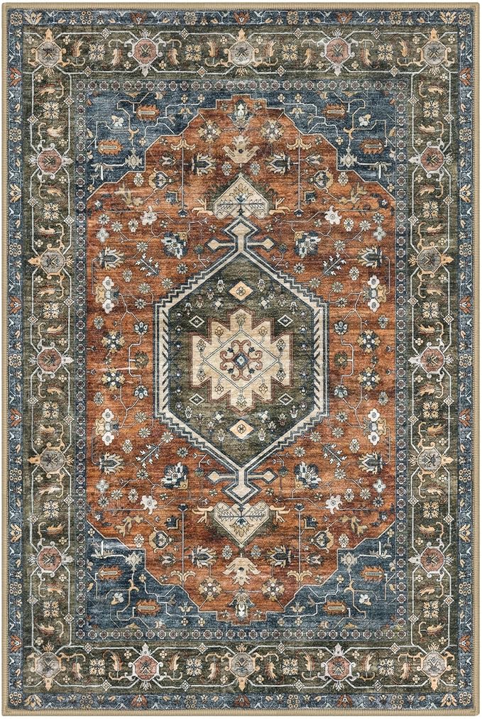 KUTA Area Rug 5x7 Brick Red, Vintage Washable Rugs for Living Room Ultra Soft Non-Slip Printed Tribal Traditional Farmhouse Carpet for Bedroom Dining Room Dorm Office Home Decor