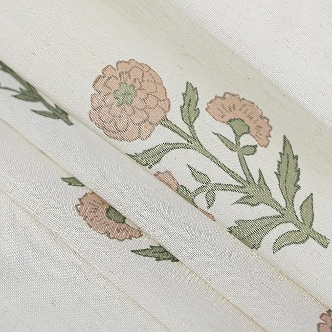 63 Inch Length Floral Linen Curtains for Living Room, Pink and Green Vintage Farmhouse Pattern Pinch Pleated Light Filtering Semi Sheer Drapes for Bedroom Dining Room 2 Panel Set