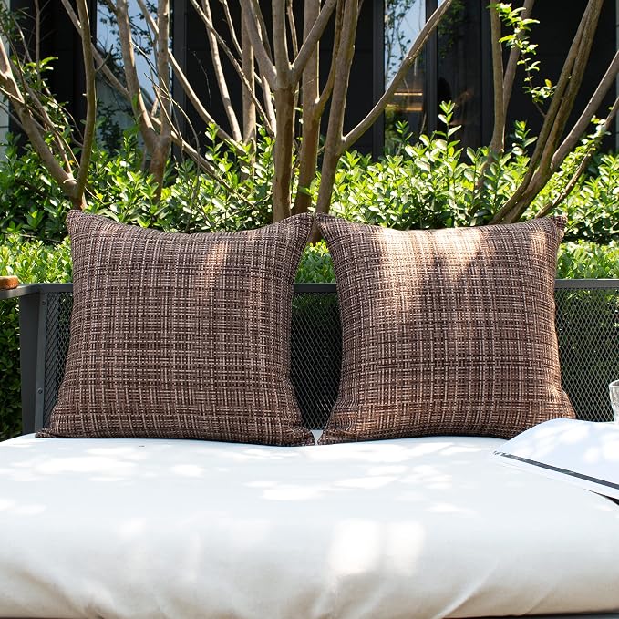 Kevin Textile Pack of 2 Decorative Outdoor Waterproof Throw Pillow Covers Stripe Square Pillowcases Modern Cushion Cases for Patio Couch Bench 18 x 18 Inch Brown