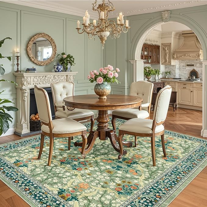 GarveeHome 8x10 Area Rugs, Washable Rugs for Living Room Non Slip Stain Resistant Ultra Soft Floral Rug, Boho Carpet Floor Mat for Bedroom Dining Room Nursery Playroom Office, Sage Green