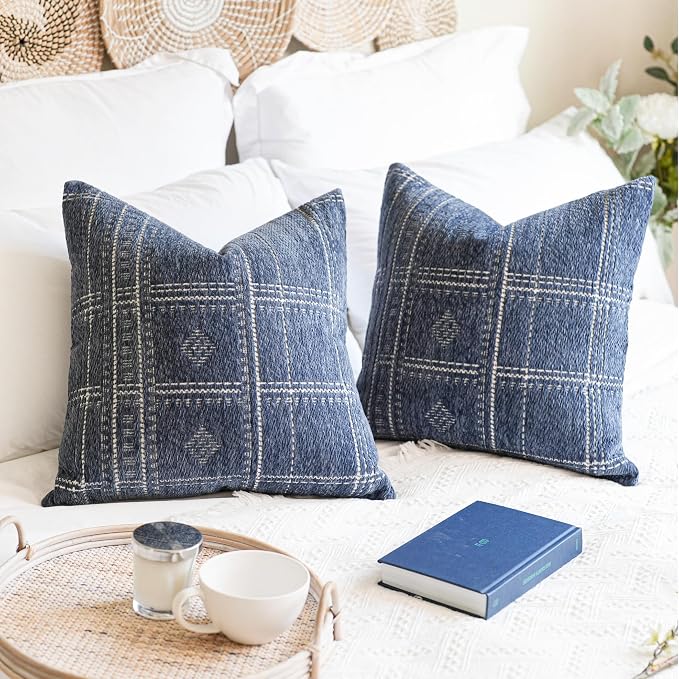 BlissBlush Decorative Throw Pillow Covers 20x20 Set of 2, Boho Textured Chenille Accent Throw Pillow Covers for Couch Sofa Bed Living Room Home Décor, Blue (Cover Only)