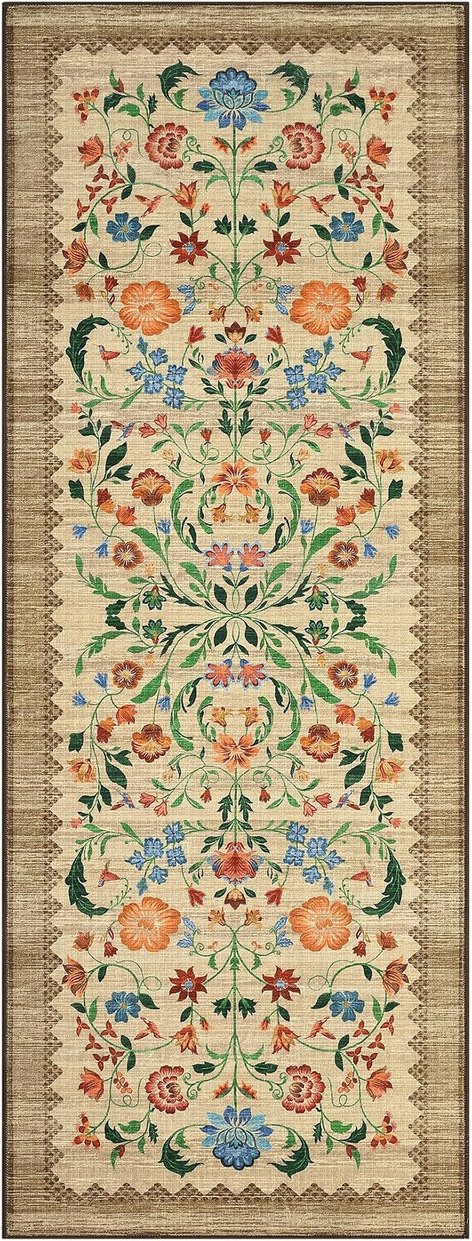 GarveeHome Floral Rug 2x6 Runners for Hallways, Boho Kitchen Runner Rugs Non Slip Bath Runners, Vintage Washable Runner Rug for Bedroom, Soft Long Rugs for Entryway Bathroom Laundry Dorm, Beige