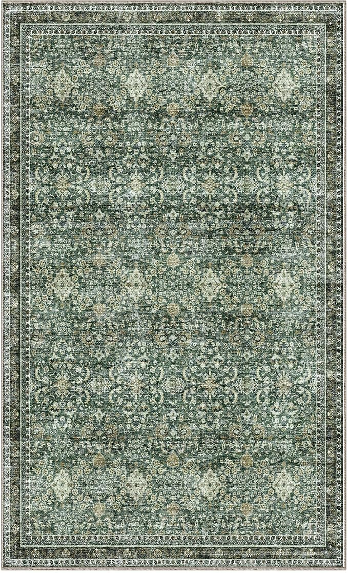 Sasttie 3x5 Rug, Ultra-Soft Washable Rug, Low Pile Foldable Thin Carpets with Non-Slip Backing, Skin-Friendly Stain Resistant Carpet for Living Room, Bedroom, Kitchen, Dorm, 3x5, Dark Green