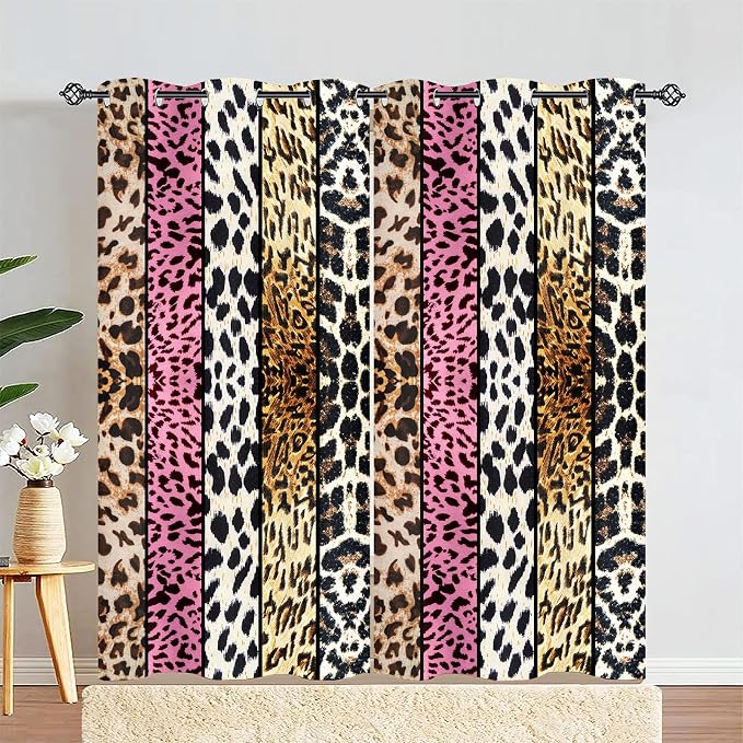 Wild Animal Print Curtain, Room Darkening Thermal Insulated Blackout Leopard Boa Window Drapes with Grommets for Living, Dining, Bedroom, Pink Leopard Print, 42"x 84", 2 Panels