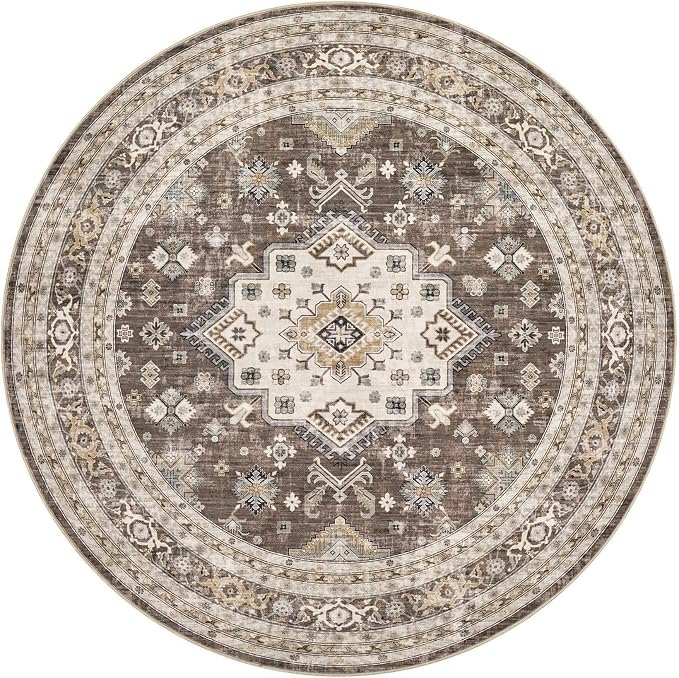 5ft Round Vintage Living Room Area Rug - 5x5 Large Soft Washable Oriental Traditional Distressed Farmhouse Rugs for Bedroom - Indoor Floor Accent Carpet for Home Office House Decor - Dark Brown