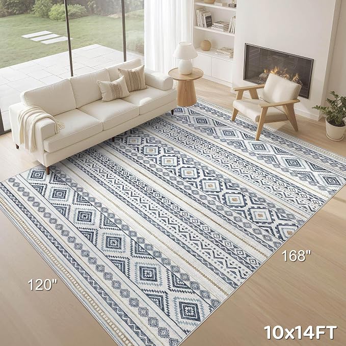 cotiled 10x14 Area Rugs Living Room Rug: Washable Boho Rugs with Non Slip Backing Large Soft Indoor Stain Resistant Carpet for Bedroom Farmhouse Dining Room Lightweight Home Decor Blue