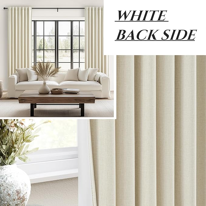 Warm Cream Extra Long Pleated Black Out Curtains 105 Inches Long for Living Room, Natural Linen Blend Patio Door Curtain with Track&Back Tab 2 Panels Set Insulated Privacy Window Drapes (50"Wx105"L)