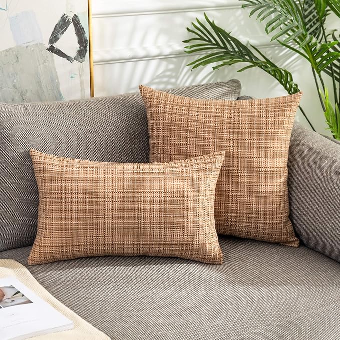 Kevin Textile Pack of 2 Decorative Outdoor Waterproof Pillow Covers Square Garden Cushion Sham Throw Pillowcase Shell for Patio Tent Couch 18x18 Inch Beige